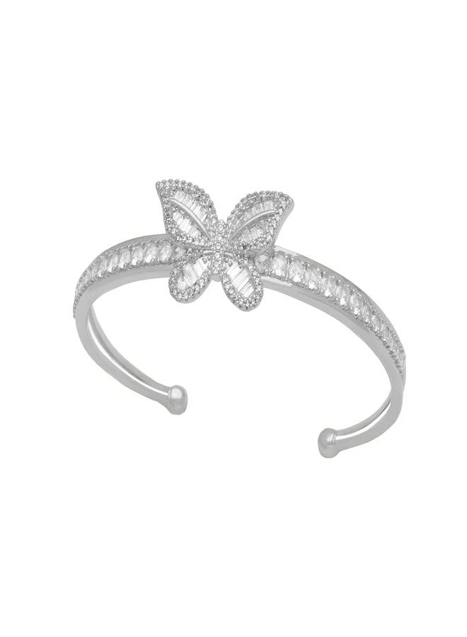 Cykdohy Sparkly Rhinestones Butterfly Open Layered Bangle Bracelet for Women Cubic Zirconia Fashion Dainty Double Layer Crystal Adjustable Wrap Cuff Bracelets Wrist Hand Jewelry Prom Party Gift for Her (Silver) - Image 1